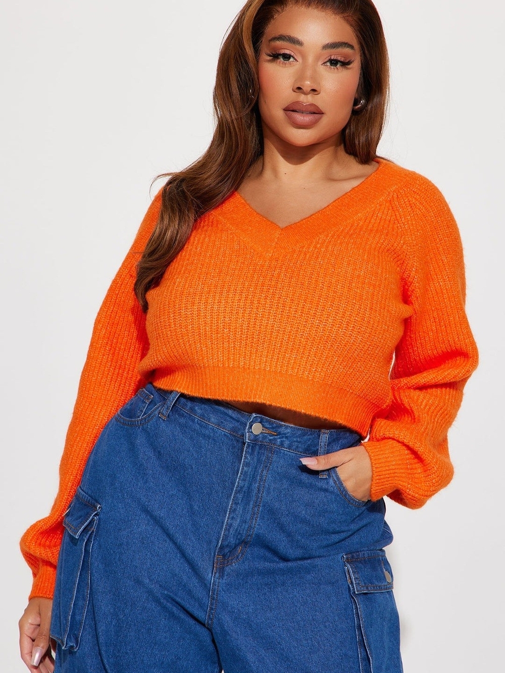 Fashion Nova Neon Orange V-Neck Cropped Sweater